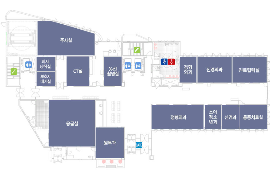 광주희망병원 1층 안내도이미지 - 주사실, CT실, X-선촬영실, 응급실, 원무과, 정형외과,  신경과, 통증치료실, 재활의학과, 신경외과, 소아청소년과 등이 있음