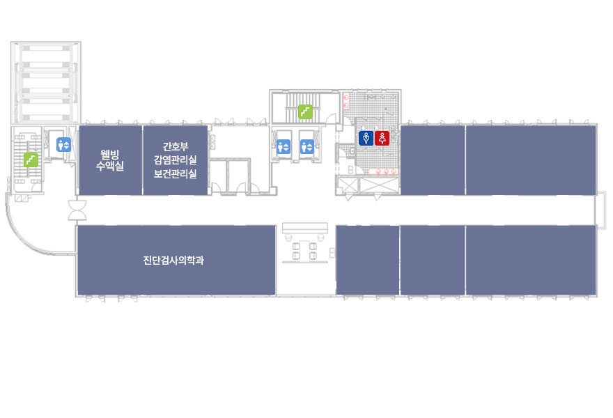 광주희망병원 5층 안내도이미지 - 웰빙수액실, 간호부/감염관리실/보건관리실, 진단검사의학과 등이 있음